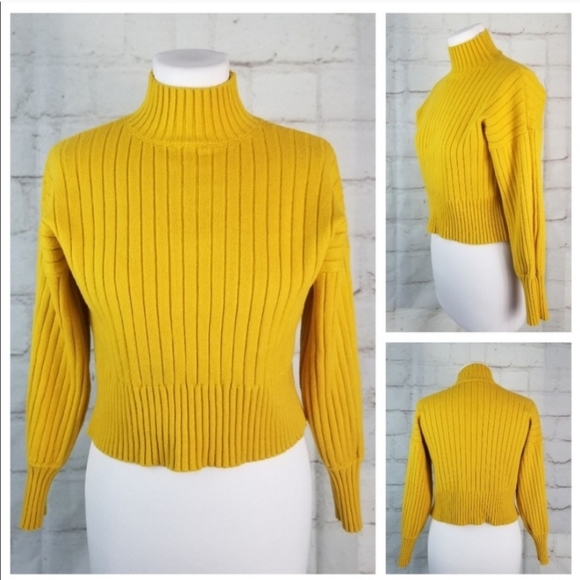 M/L Mustard Yellow Stretchy Cropped Ribbed Mock Neck Sweater - Picture 1 of 5
